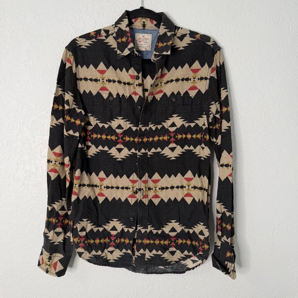American Eagle Heritage Flannel Shirt Mens XS Black Geometric Southwestern Aztec